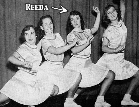 Photo of cheerleaders (l-to-r) Cheryl Wall, Sally Youngren, Reeda Marx, and Leona Polecek